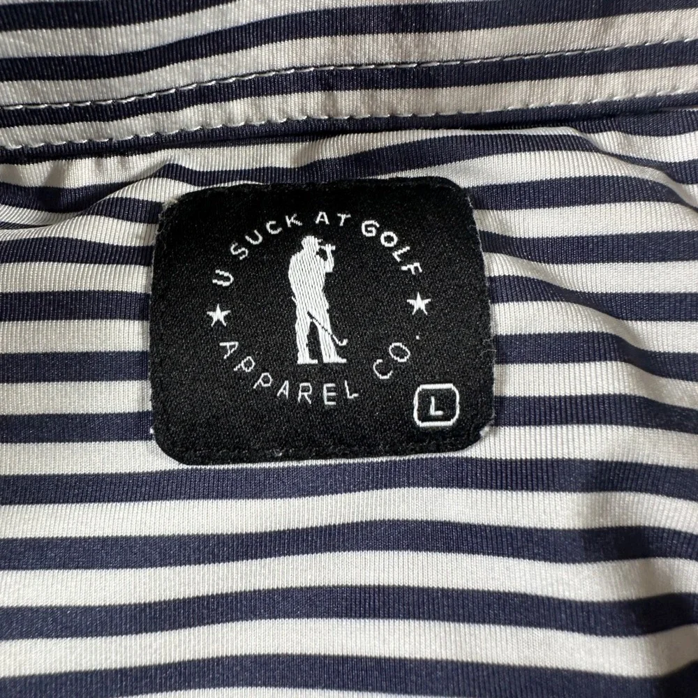 U Suck At Golf Apparel Co Mens Large Striped Performance Polo Shirt Navy White - Picture 3 of 7